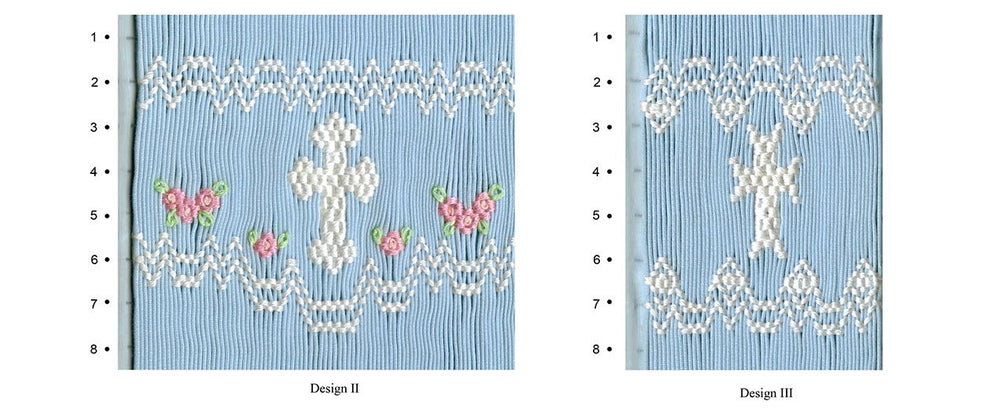 Two smocking designs on fabric with a blue background.