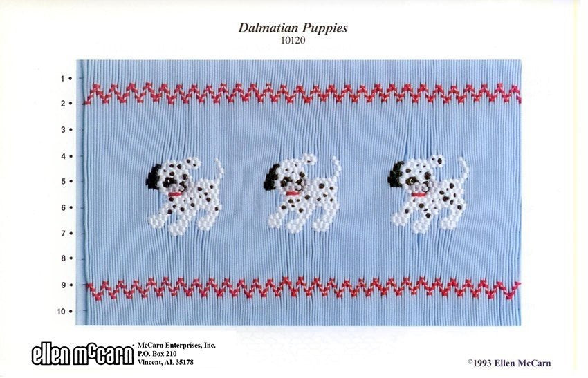 Pattern chart for Dalmatian puppies with red border on blue background, featuring the brand 'Ellen McCarn'.
