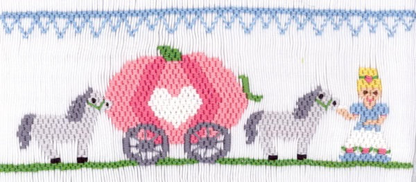 Smocking plate with a princess with horses and carriage, great for your Cinderella loving gal. 8 1/4 rows of smocking on a yoke.