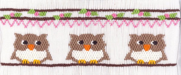 Smocking plate with three owls. 7 1/2 rows of smocking on a yoke.