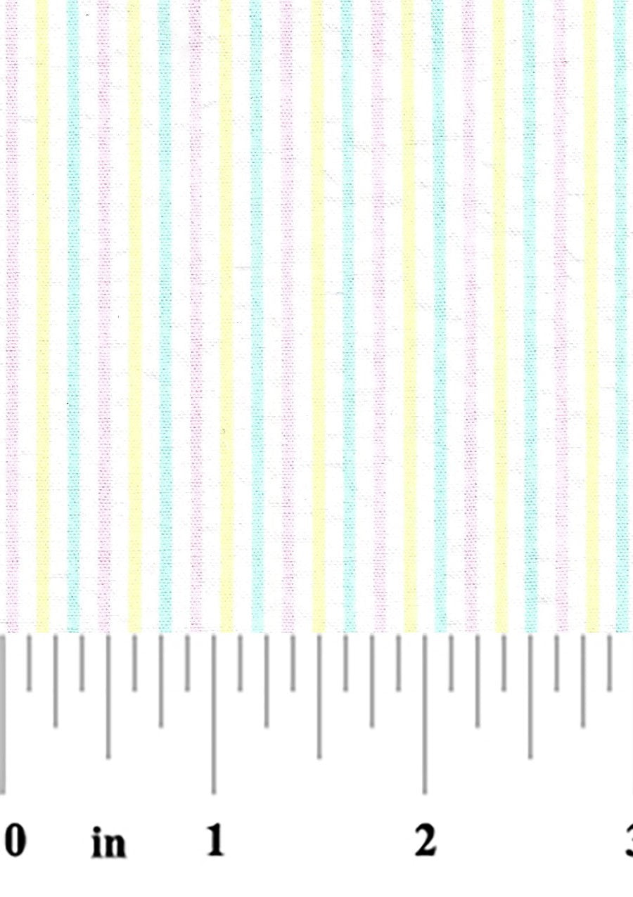 pink, yellow, and seafoam striped seersucker fabric with ruler at bottom for scale
