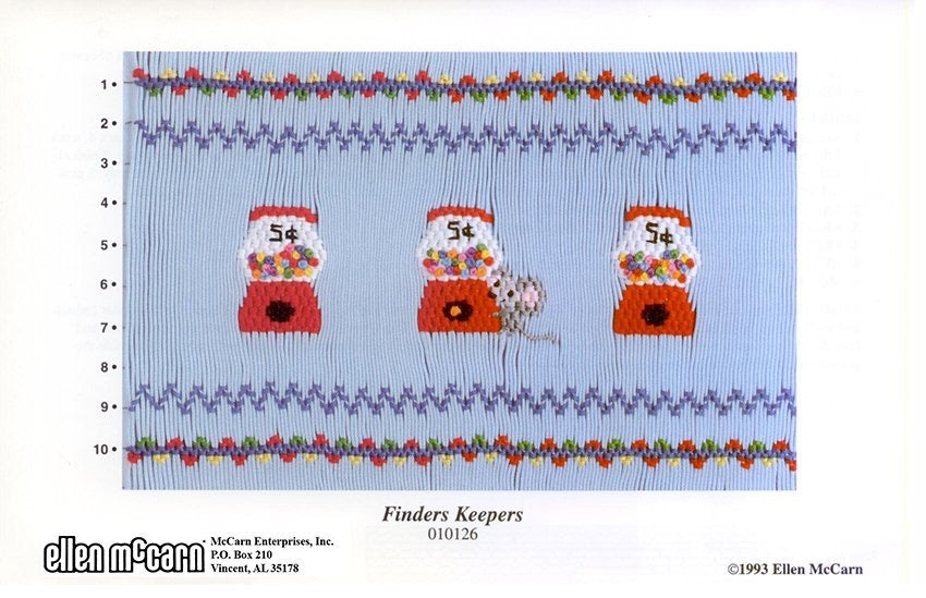 Smocking plate with three bubblegum dispensers with a mouse behind the center one. 10 rows of smocking on a yoke.