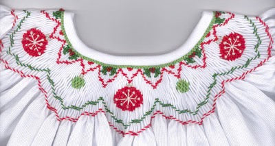 Smocking plate with ornaments for the Holidays. 6 3/4 rows of smocking on a bishop.