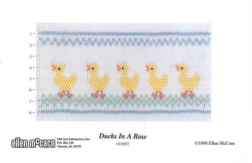 Smocking design of ducks in a row with 'Ellen McCarn' branding.
