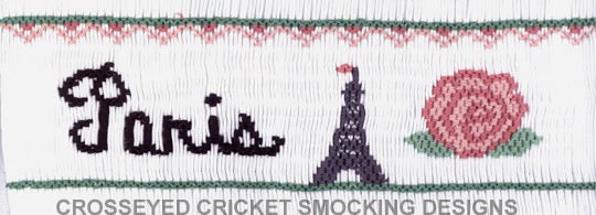 Smocking plate with a Parisian scene. Perfect for a French inspired garment. 7 rows of smocking on a yoke.