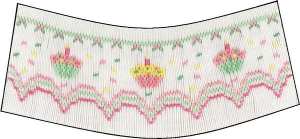 Smocking plate with three cupcakes, confetti, and a geometric design. 7 rows of smocking on a bishop.