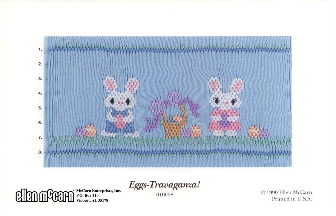 Smocking Design of bunnies with an Easter basket on a blue background, featuring the brand 'Ellen Mccarn'.