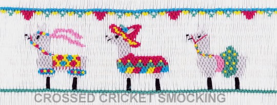 Smocking plate with festive llamas. 8 rows on a yoke.