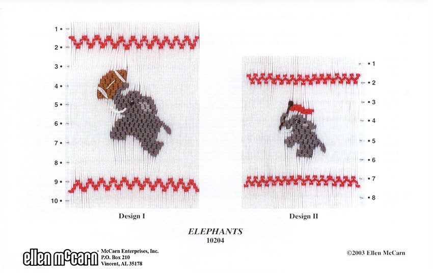 Smocking plate with elephants and a football or a flag. 7-9 rows of smocking
