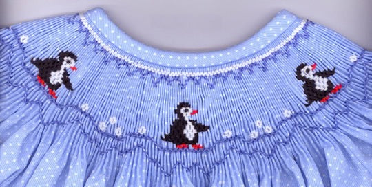 Smocking plate with penguins and snowballs. 7 rows of smocking on a bishop.