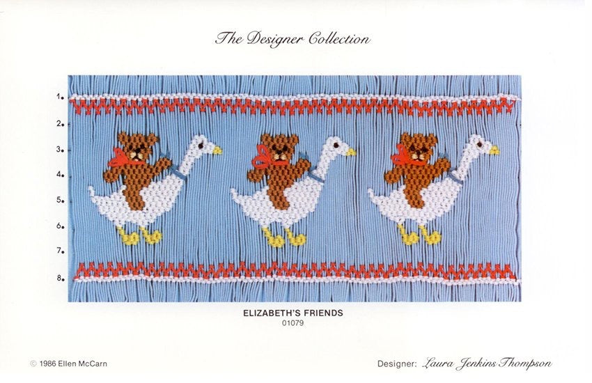 Smocking plate with three bears riding geese. 8 rows of smocking