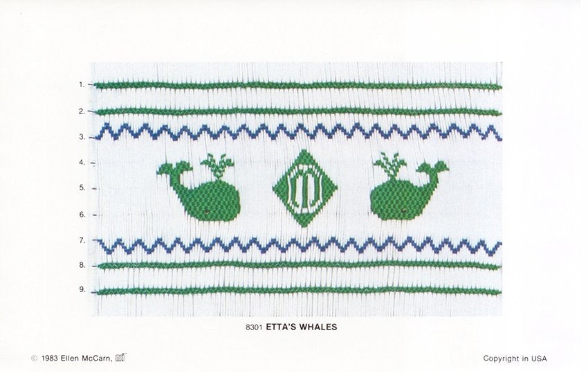 Embroidered design with green whales and a diamond pattern on a white background, featuring the text 'Etta's Whales' and copyright information.