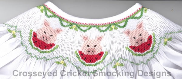 Smocking plate with pig eating watermelon slices. 8.5 rows on a bishop.