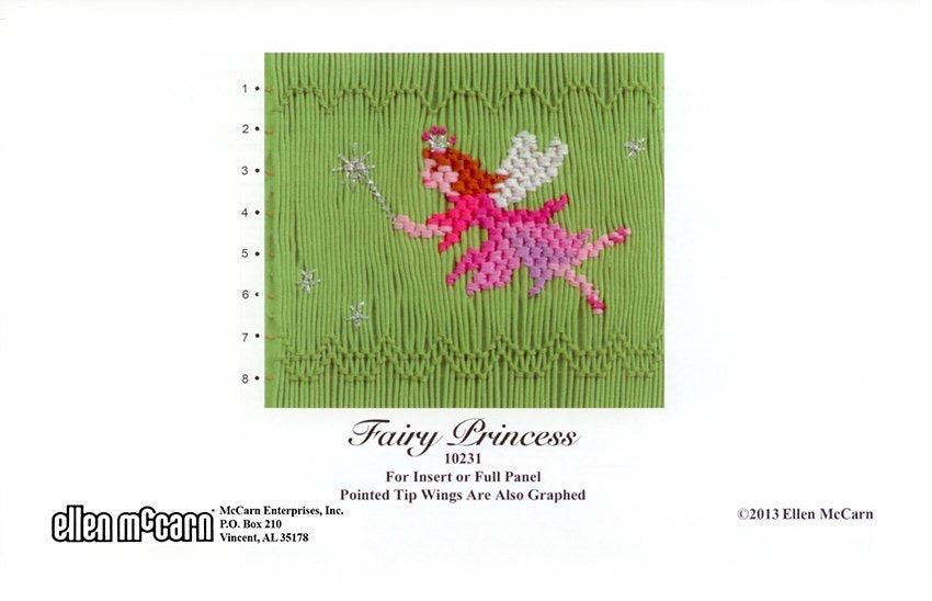 Embroidery design of a fairy on green fabric with text and branding.