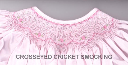 Smocking plate with a sweet geometric and floral design for a bishop. 6.5 rows of smocking on a bishop.