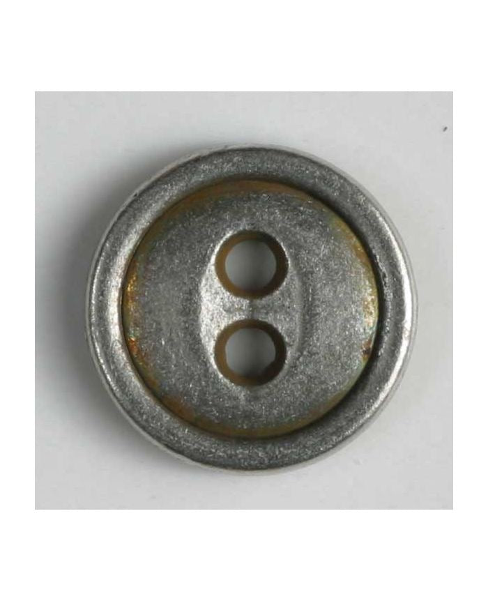 Metallic button with two holes on a white background