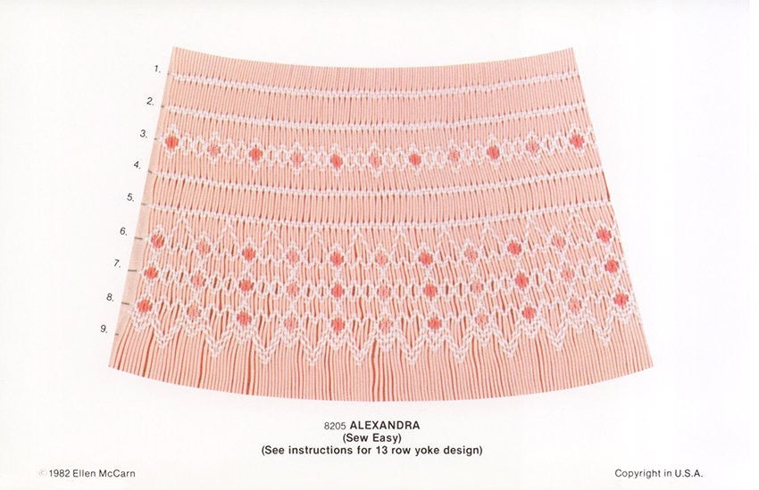 Smocking plate with geometric designs and includes a yoke variation. 9 rows of smocking for a bishop or yoke on apricot fabric