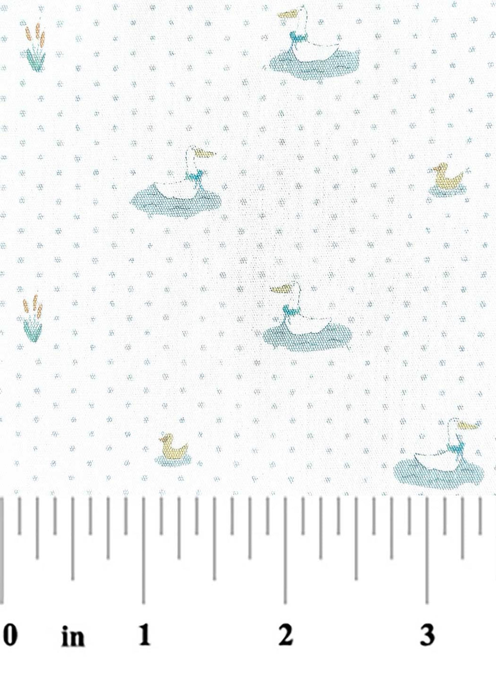 Fabric with small whale patterns on a white background, featuring a ruler at the bottom.