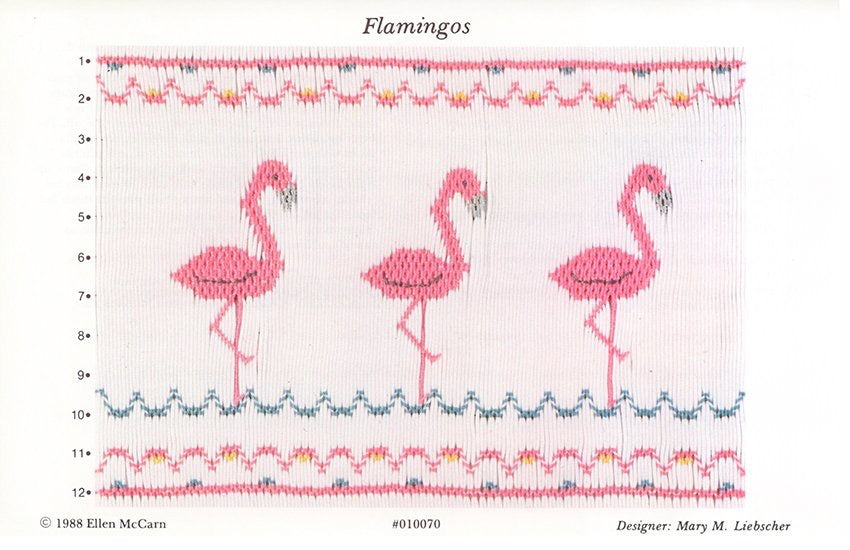 Smocking design for flamingos with a pink border and decorative elements.