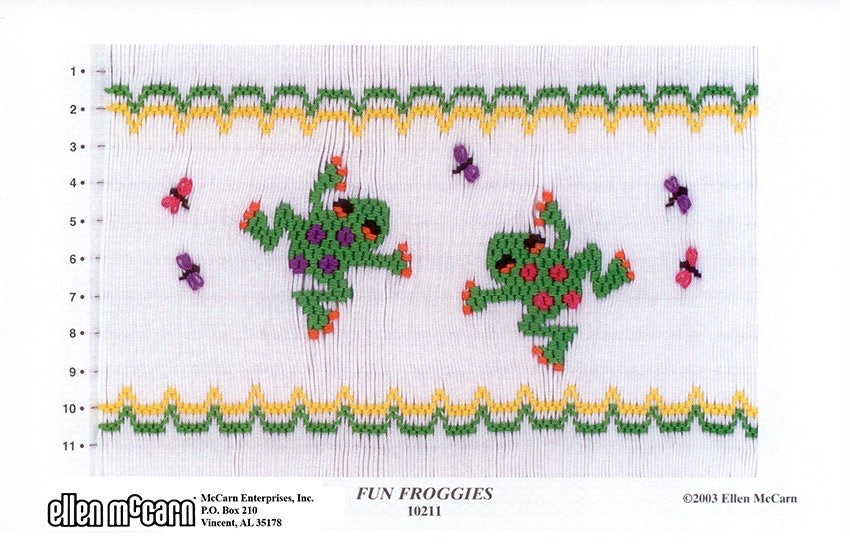 Smocking design for 'Fun Froggies' with two frogs and flies on a white background.