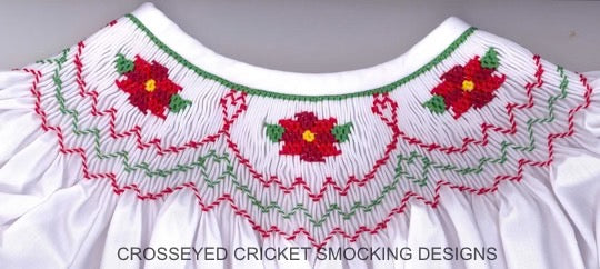 Smocking plate with poinsettias. 7 rows of smocking on a bishop. 