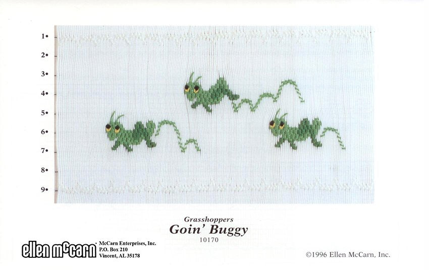 Smocking design for grasshoppers labeled 'Goin' Buggy' on a white background.