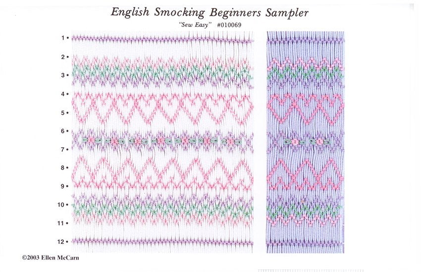 Smocking plate with a geometric design smocked on white pleated fabric and blue pleated fabric both versions smocked in lavender, pink, and green.  12 rows of smocking on a yoke.