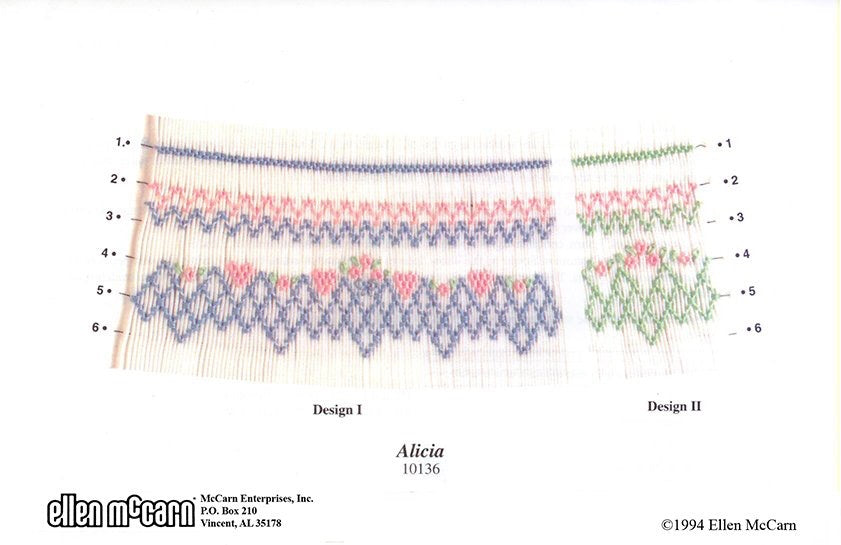Smocking plate with geometric designs. 6 rows of smocking on a bishop.