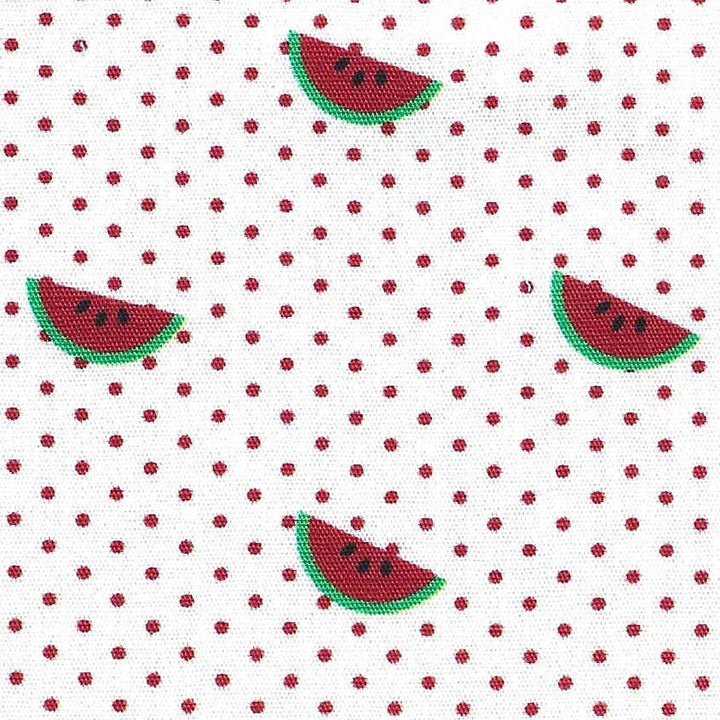 Pattern of watermelon slices on a white background with red polka dots