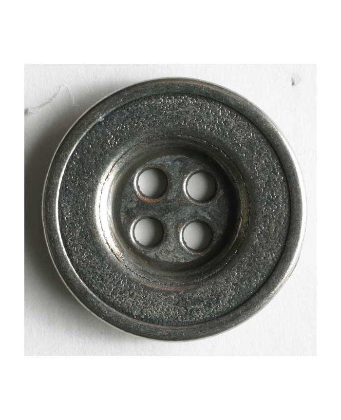Metallic button with four holes on a white background