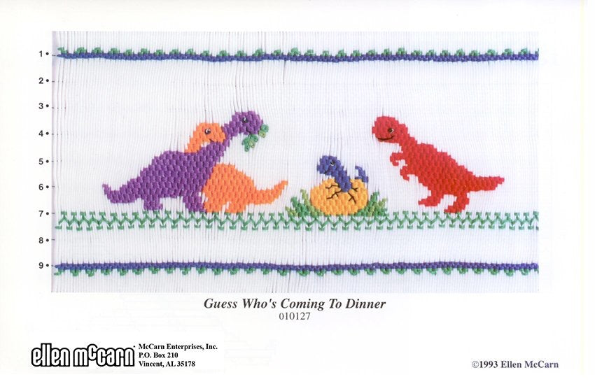 Smocking plate with dinosaurs and a hatching egg. 9 rows of smocking