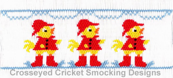 Smocking plate with ducks in their raincoats, hats and boots, ready to go puddle jumping. 8 rows on a yoke.