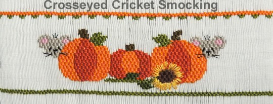 Smocking plate with pumpkins with mice peeking around them. 7 rows of smocking on a yoke.