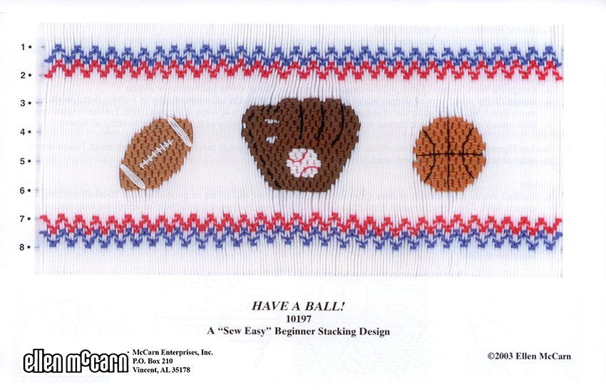 Smocking plate with football, baseball glove and basketball. 8 rows of smocking