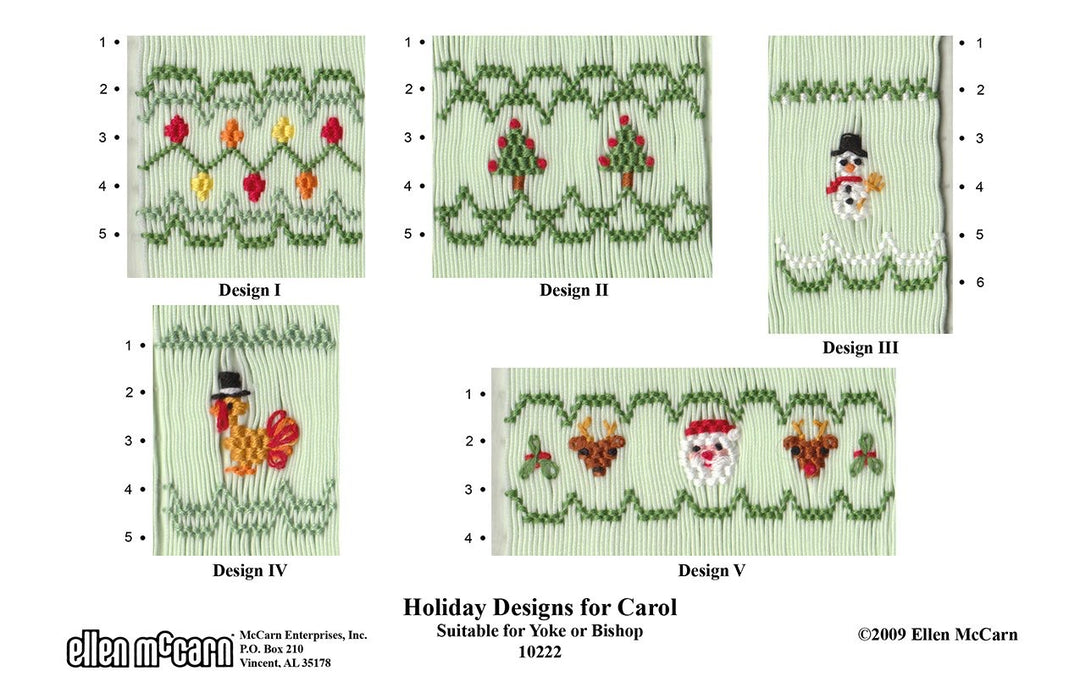 Smocking plate with five variations of a geometric design including: Christmas lights, tree, snowman, turkey and Santa with reindeer with holly. 4-6 rows of smocking&nbsp;