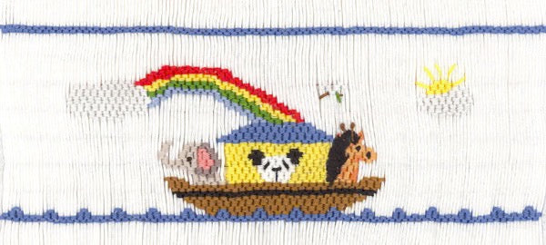 Smocking plate with Noah's ark and a rainbow. 8 rows of smocking on a yoke.