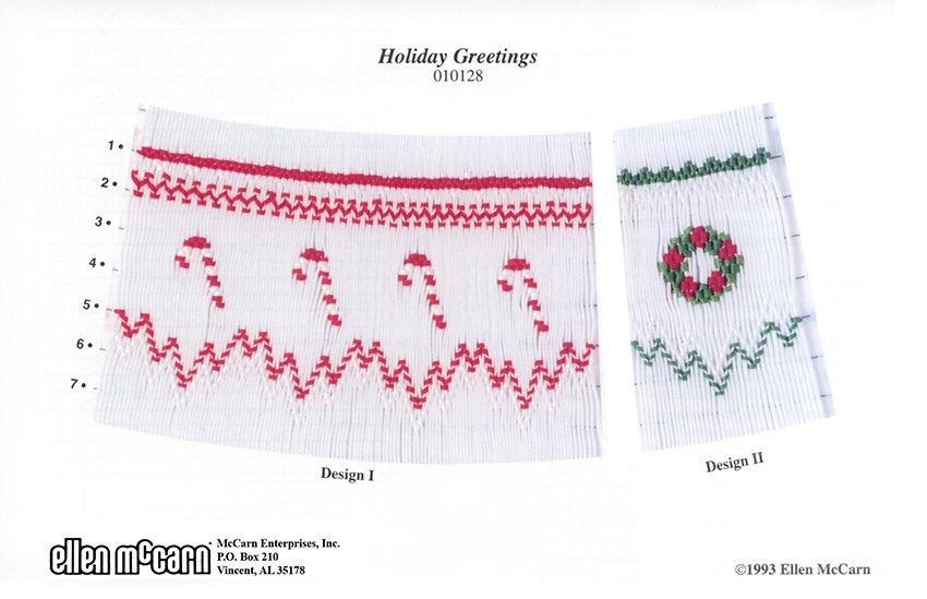 Smocking plate with a candy cane or a wreath on a bishop. 7 rows of smocking