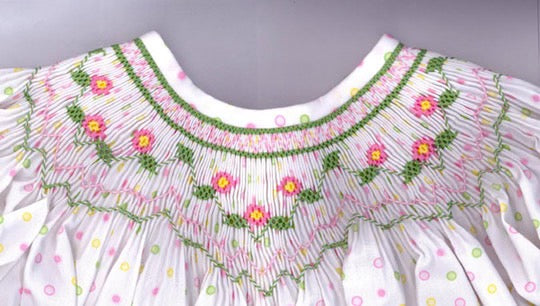 Smocking plate with connected roses. 8 1/4 rows of smocking on a bishop.