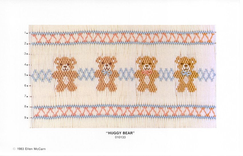Smocking plate with three bears and a geometric design. 9 rows of smockin