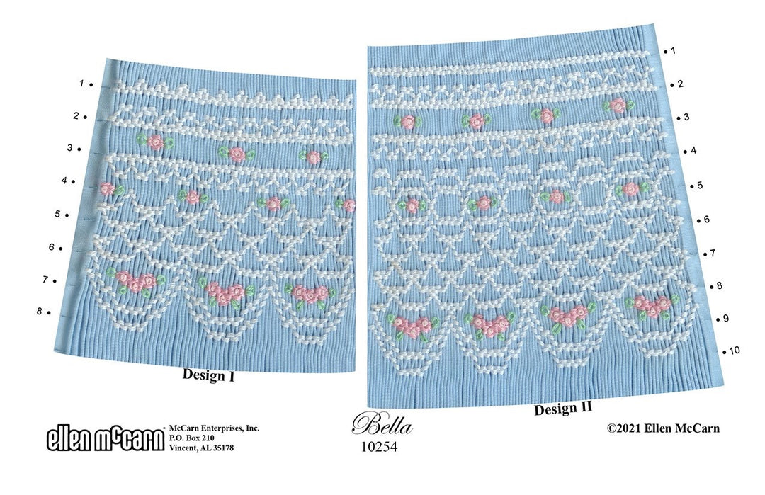 Smocking plate with sweet geometric design smocked in white, pink and green on blue pleated fabric