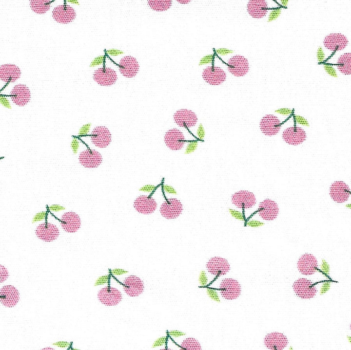 pink cherries with green leaves and stems on a white background.