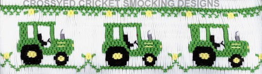 This plate features classic green tractors for a day out at the farm. 5.5 rows of smocking on a yoke.