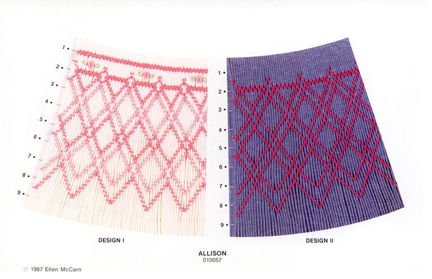 Smocking plate with geometric designs. 9 rows of smocking on a bishop.