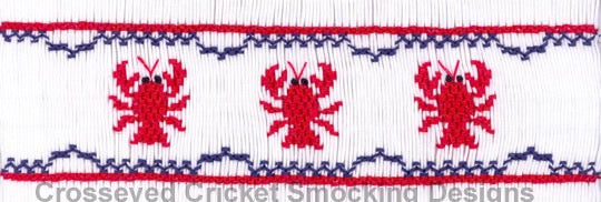 Crosseveed pattern with red crabs on a white background, featuring blue and red decorative elements.