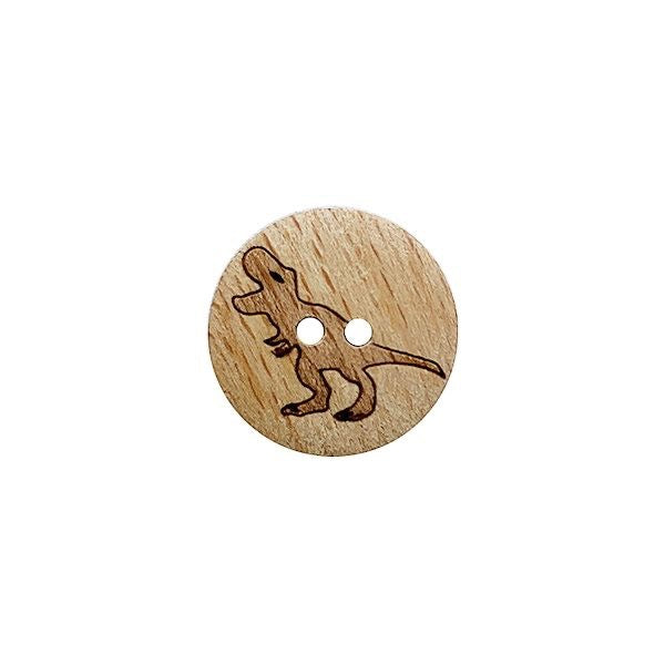 Wooden button with a dinosaur design on a white background
