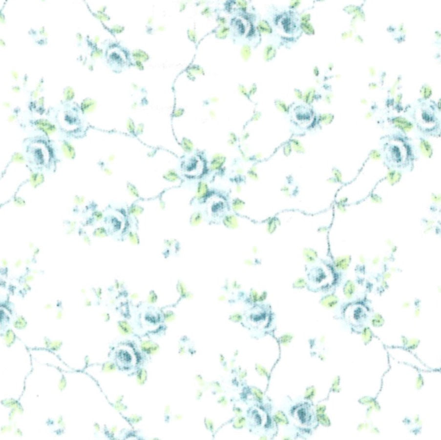 Floral pattern with blue flowers and green leaves on a white background