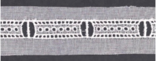 strip of white embroidered Swiss insertion beading on a black background