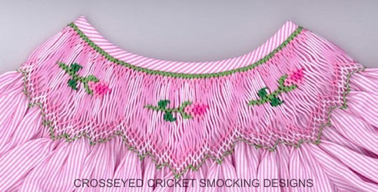 Smocking plate with rosebuds. 6 3/4 rows of smocking on a bishop. 