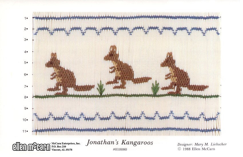 Smocking plate with three kangaroos. 11 rows of smocking