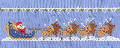 Smocking plate with Santa in his sleigh pulled by eight reindeer. 7 rows of smocking on a yoke.